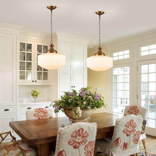 Vintage Brass Milk Glass Pendant Light Fixture