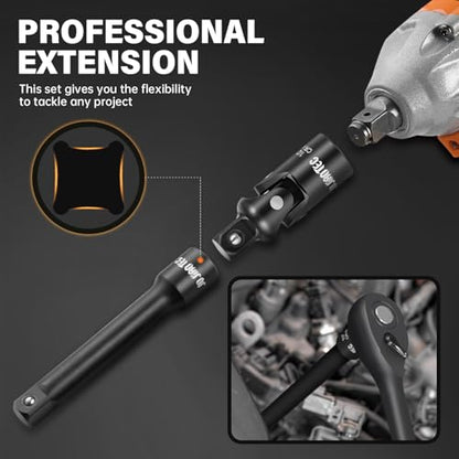 4-Piece 1/2-Inch Drive Impact Extension Bar and Universal Joint Set, 3-Inch, 5-Inch, and 10-Inch Sizes, CR-V Steel, Manganese Phosphate Finished