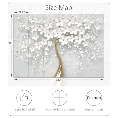 3D Flower Tree Peel and Stick Wall Mural with Gold Tree Body Self Adheisve Floral Mural Wallpaper for Living Room Bedroom Kids Room