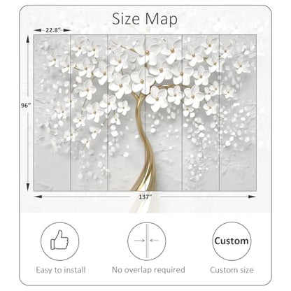3D Flower Tree Peel and Stick Wall Mural with Gold Tree Body Self Adheisve Floral Mural Wallpaper for Living Room Bedroom Kids Room