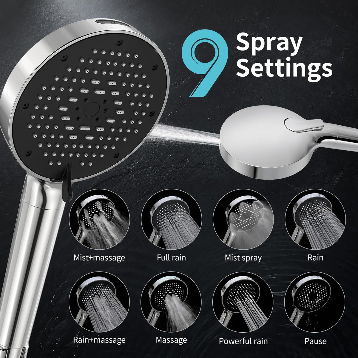 High Pressure Filtered Handheld Shower Head 9 Spray（4 filters） (2.5 Gallon Per Minute+4 Filters / Chrome)