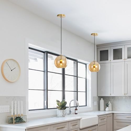 Modern Amber Glass Globe Pendant Light with Gold Socket