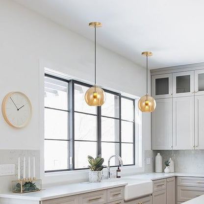 Modern Amber Glass Globe Pendant Light with Gold Socket