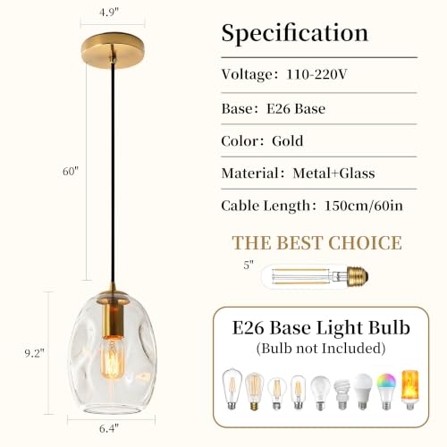 6.4 Inch Gold Glass Pendant Lights Kitchen Island Hanging Fixtures