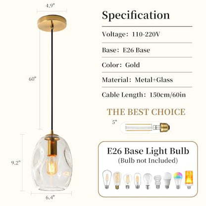 6.4 Inch Gold Glass Pendant Lights Kitchen Island Hanging Fixtures