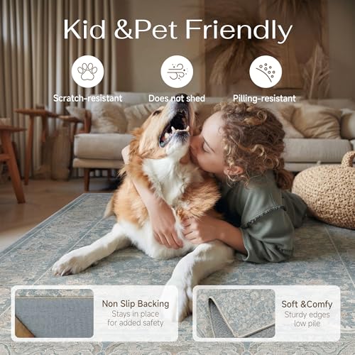 2x6 Blue Washable Runner Rug Non Slip Retro Distressed Carpet (Distressed | Blue / 2' x 6' (Runner))
