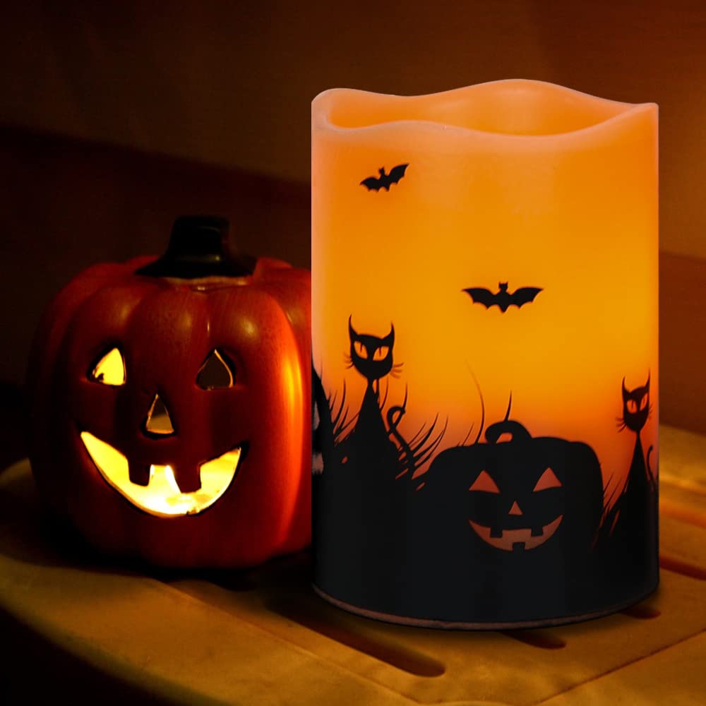 Halloween Orange Flameless Pillar Candles with 6H Timer (Orange)
