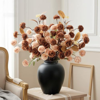 16 PCS Silk Mums Artificial Fall Flowers with Eucalyptus for Vase (Beige Brown)