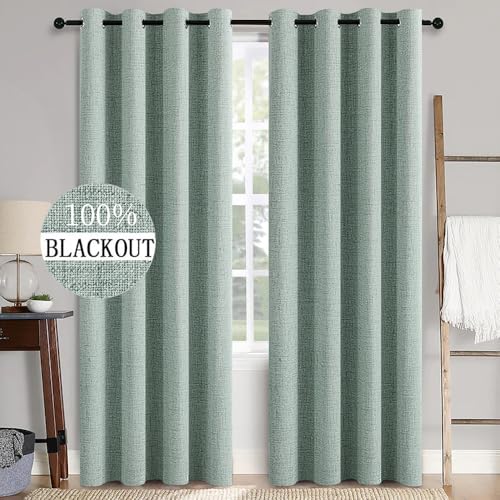 100% Blackout Linen Curtains for Bedroom 52x108 Inches Seafoam Green (Seafoam Green / 52"W x 108"L (Pack of 2))