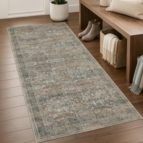 Runner Rug 2x6 Washable Vintage Floral Rug (Vintage Brown / 2' x 6' (Rectangular))