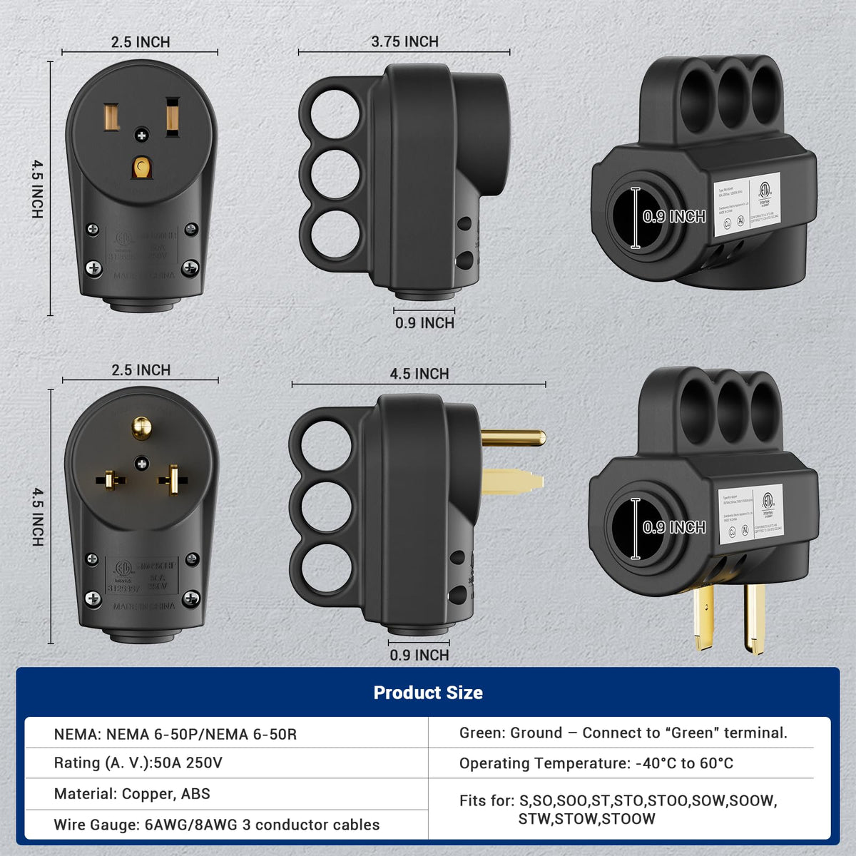 2 Set ETL Listed NEMA 6 (Black)
