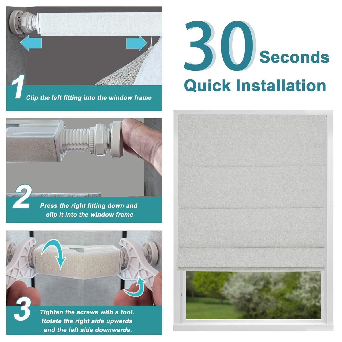 No Drill Roman Shades Cordless Blinds Blackout for Indoor Windows (Light Grey / 40"W x 64"H)