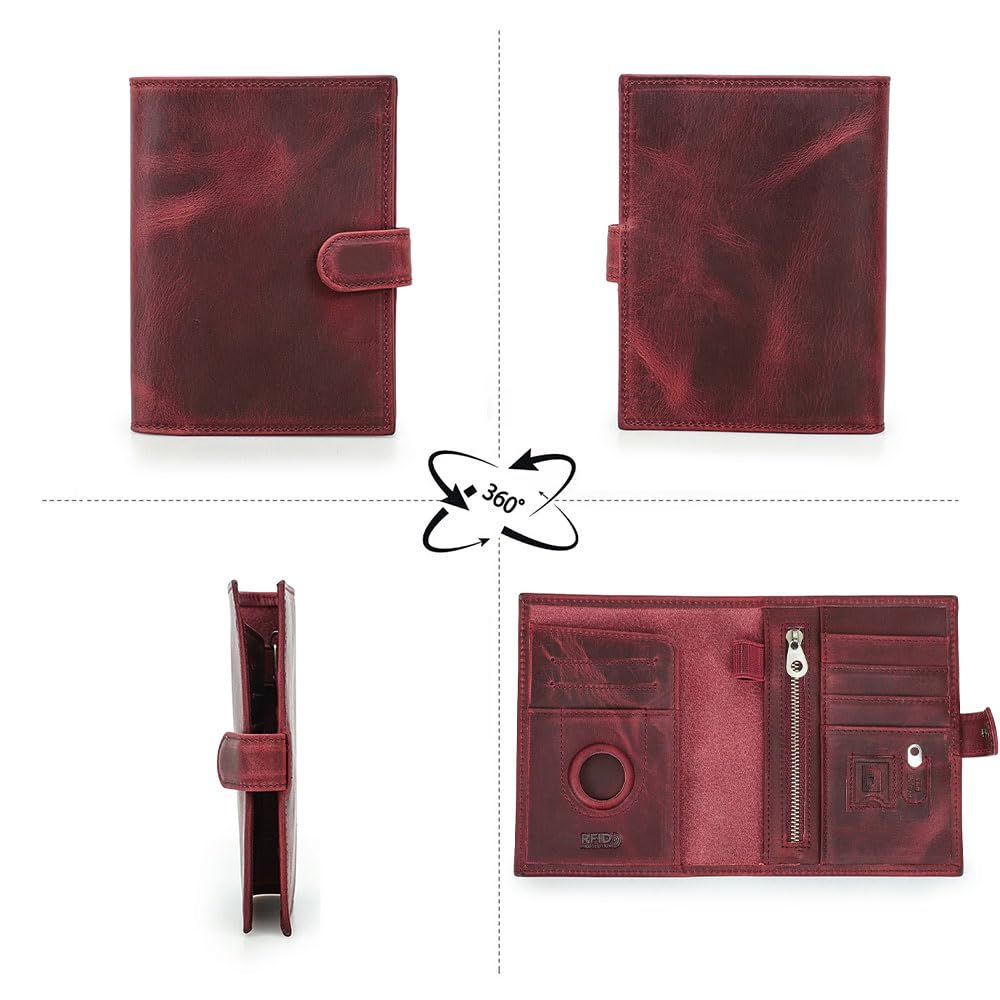 Full Grain Leather Passport Holder Compatible with Airtag Passport Wallet RFID Blocking Travel Passport Cover with SIM Card Removal Tool (Wine Red / Plain- Snap)