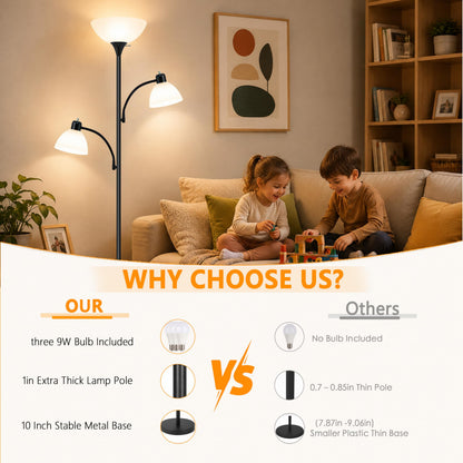 72" 3 Head Torchiere Floor Lamps with 2 Reading Lamp for Living Room (Black)
