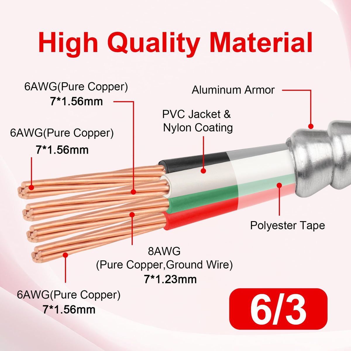 6 3 MC Cable 15 FT Aluminum Armored Electrical Wire with Ground THHN (15 FT / 6AWG/3)
