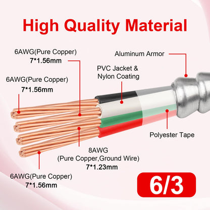 6 3 MC Cable 15 FT Aluminum Armored Electrical Wire with Ground THHN (15 FT / 6AWG/3)
