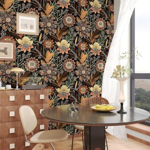 Boho Black Gold Floral Vintage Peel and Stick Wallpaper 17.4"x393" (Black/Brown / 17.4" x 393.5")