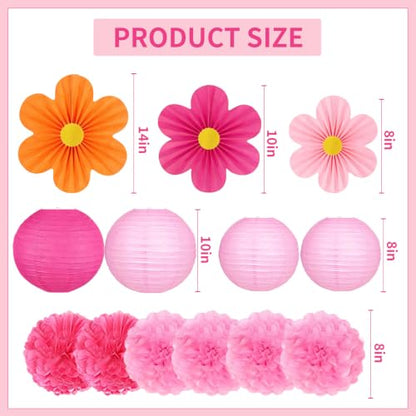 Pink and Orange Party Decorations 19 Pcs Set Including Hanging Paper Lanterns (Pink and Orange)