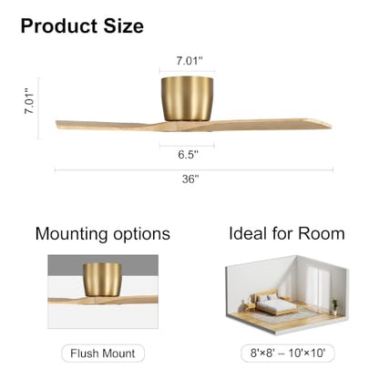 36 Inch Ceiling Fan without Light (Gold/Light Oak / 36")