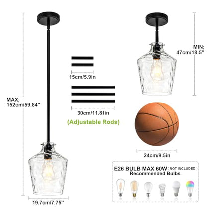 Modern Hammered Glass Pendant Lighting for Kitchen Island (Black-Rods / 7.75")
