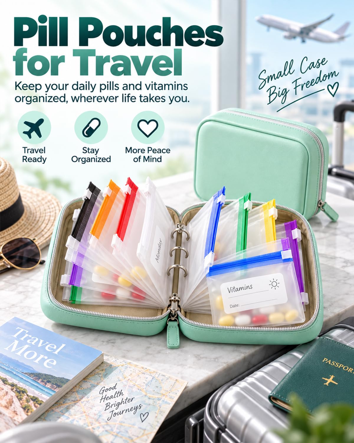 Waterproof Pill Organizer Pill Pouches for Travel 14 PCS Zippered Bags (Purple)