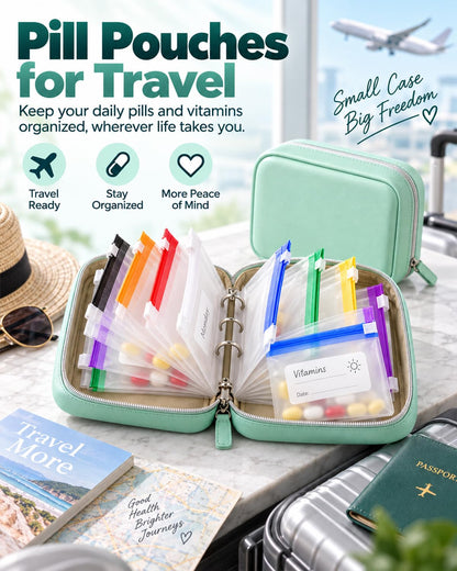 Waterproof Pill Organizer Pill Pouches for Travel 14 PCS Zippered Bags (Purple)