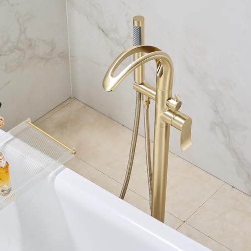 Freestanding Bathtub Faucet Stand Alone High Flow Brass Brush Gold Tub Filler