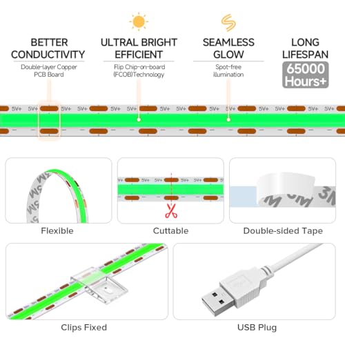 FCOB 5V USB Powered Green Color COB LED Strip Lights for TV (Green / 3.28FT)
