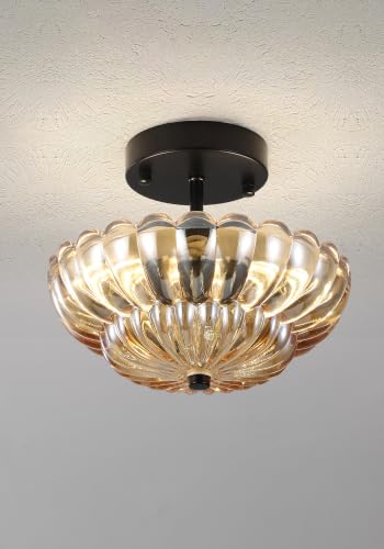 Vintage Black Close to Ceiling Light Fixture with Glass Shade
