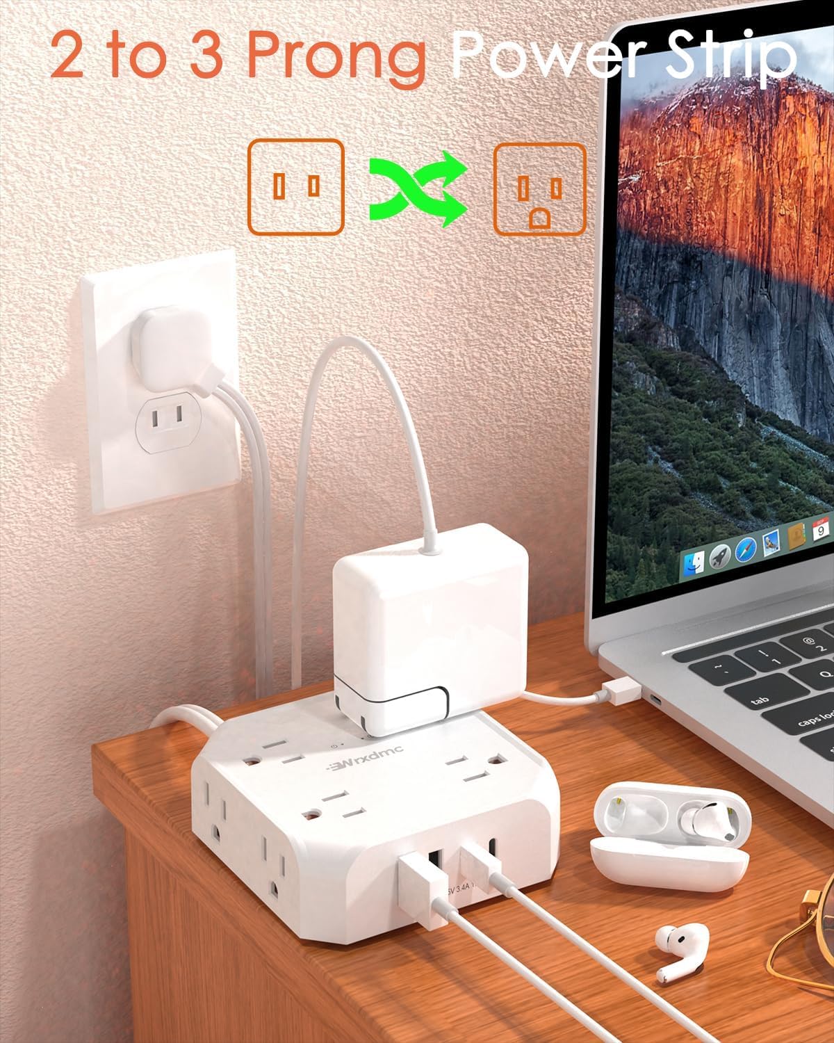 2 Prong Power Strip (15FT White)