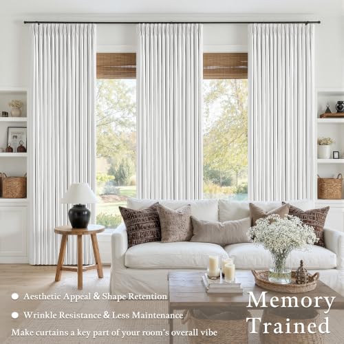 Snow White Pleated Linen 100% Blackout Curtains 100 Inches Long for Bedroom (Snow White / 50"W x 100"L (Pack of 2))