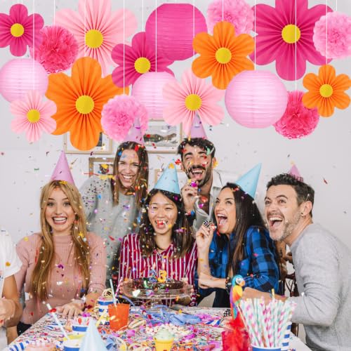 Pink and Orange Party Decorations 19 Pcs Set Including Hanging Paper Lanterns (Pink and Orange)