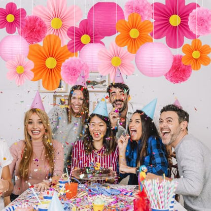 Pink and Orange Party Decorations 19 Pcs Set Including Hanging Paper Lanterns (Pink and Orange)