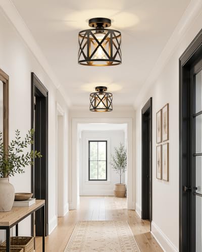 2Pack Farmhouse Semi Flush Mount Ceiling Light Fixture E26 8 Inch (2Pack Black)