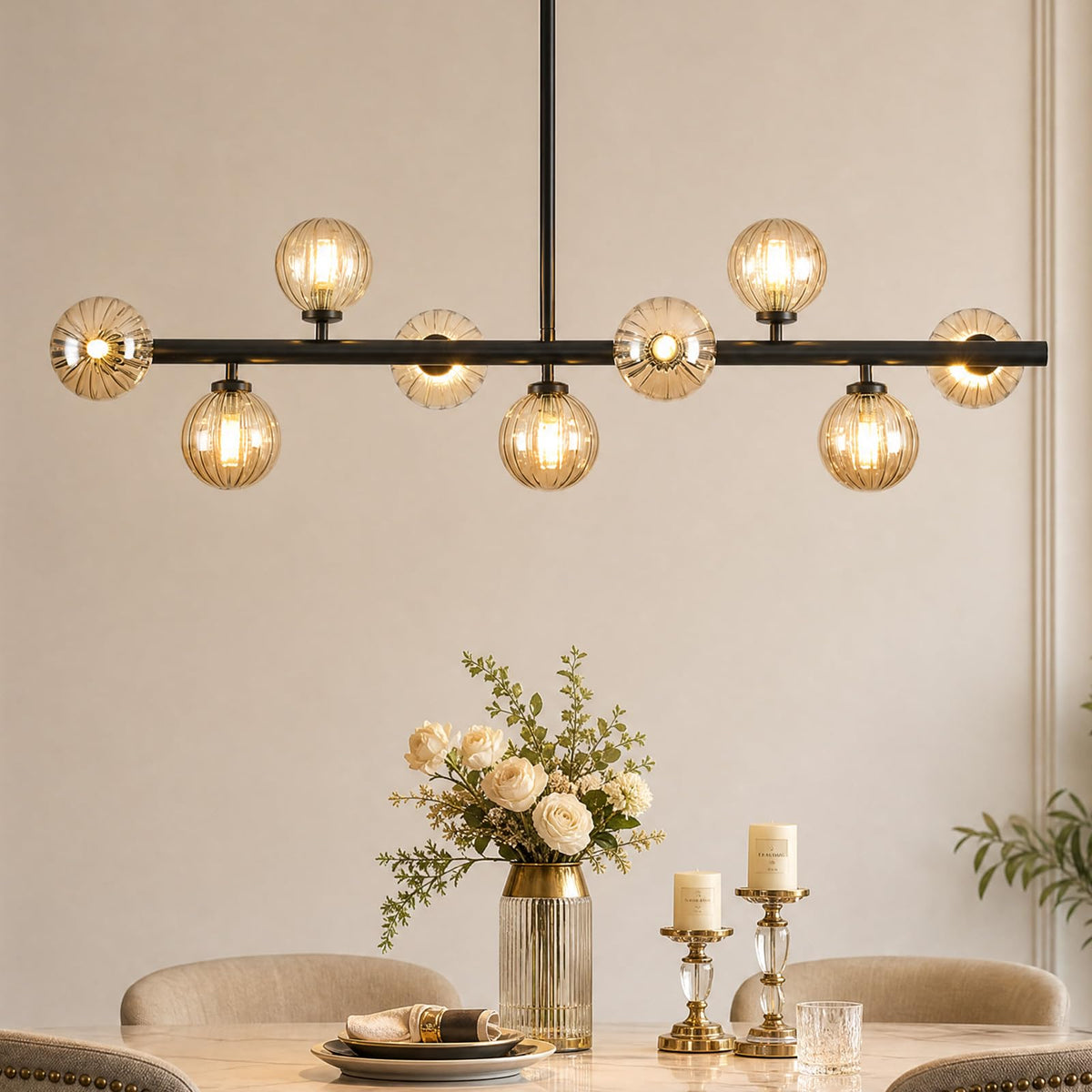 Linear Sputnik Dining Chandelier (Black + Amber / 9-Light 40 Inch)