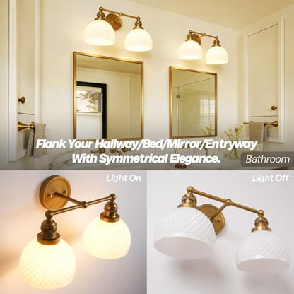 Vintage 2 Light Gold Bathroom Light Fixtures with Milk Glass (2-Brass)