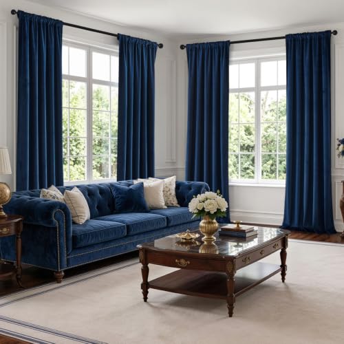 Navy Blue Velvet Curtains 4 Panel Set Back Tab 40 x 120 Inch Long (Navy Blue / 40"W x 120"L (Pack of 4))