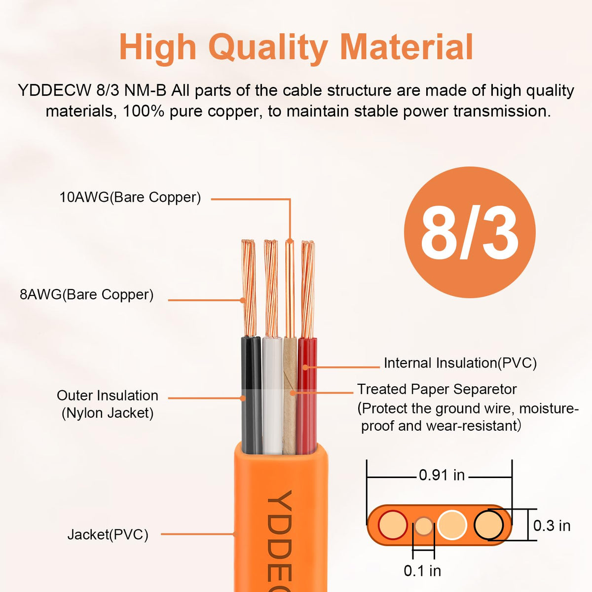 8/3 NM-B Wire with Ground - 25FT 8 AWG 3 Conductor Non-Metallic Sheathed Cable Pure Copper Residential Indoor Wire for Outlets, Switches, Other Loads and Lighting Wiring Projects etc.(Orange) (25FT)