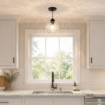 8" Modern Pendant Lights Kitchen Island Black Mid Century Modern Pendant Light Fixtures with Clear Glass Globe 2 Pack Modern Hanging Pendant Light for Bathroom Dining Room （Bulb Incl.） (Black & Hammered Glass / 8 Inch)