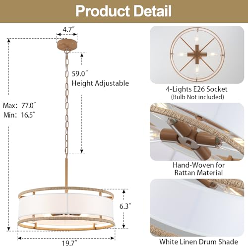 19.7" Rattan Drum Chandelier Light Fixture