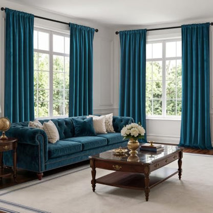 Peacock Blue Velvet Curtains 4 Panel Set Back Tab 40x90 Inch Long (Peacock Blue / 40"W x 90"L (Pack of 4))