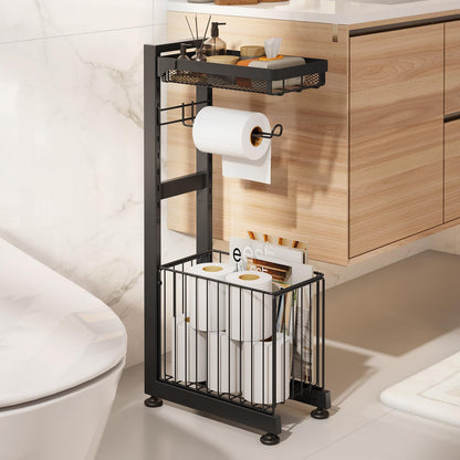 Toilet Paper Holder Stand with Storage Shelf (Black Gray)