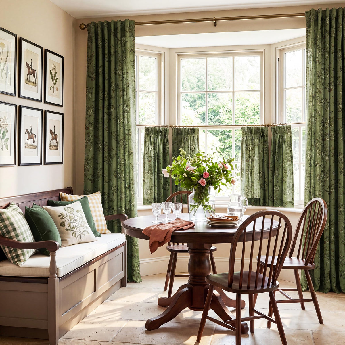 Forest Green Floral Printed Window Curtains (Forest Green / 52"W x 102"L (Pack of 2))