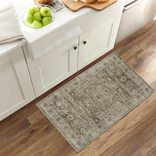 2x3 Entryway Rug Grey Washable Vintage Rugs for Entryway Kitchen Low Pile Non