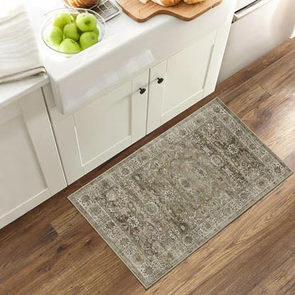 2x3 Entryway Rug Grey Washable Vintage Rugs for Entryway Kitchen Low Pile Non