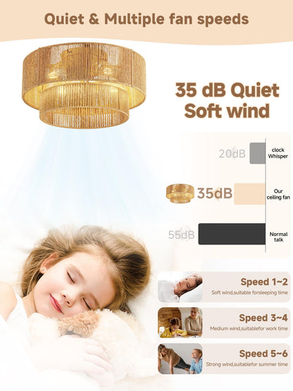 Boho Caged Ceiling Fan with Light Flush Mount (Gold)