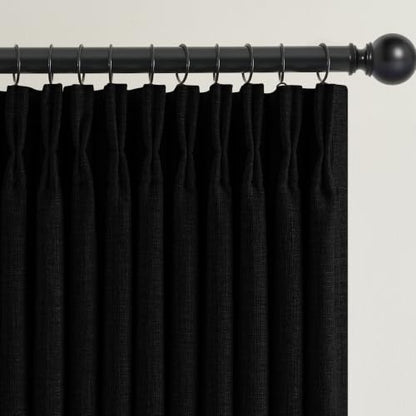 Black Pinch Pleated 100% Blackout Linen Curtains for Bedroom 84 Inch Length (Black / 50"W x 84"L (Pack of 2))