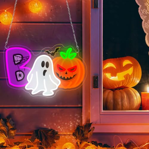 UV Printed Ghost Pumpkin Halloween Neon Sign Dimmable Cute Witch Hat Ghost LED Neon Light for Bedroom Game Room Halloween Party Home Decoration