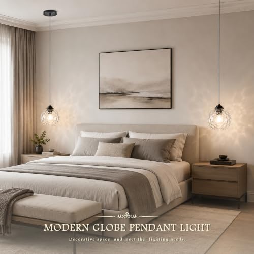 8" Modern Pendant Lights Kitchen Island Black Mid Century Modern Pendant Light Fixtures with Clear Glass Globe 2 Pack Modern Hanging Pendant Light for Bathroom Dining Room （Bulb Incl.） (Black & Hammered Glass / 8 Inch)