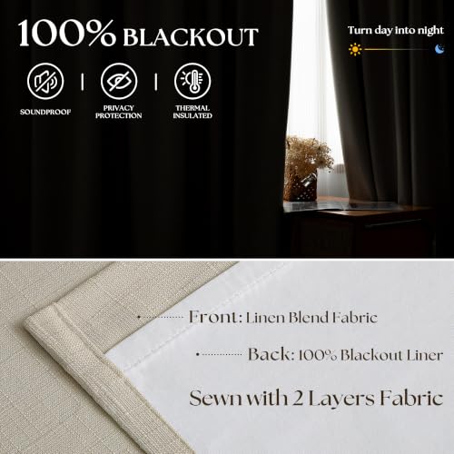 Cream Beige Pleated Linen Blackout Curtains 100 Inches Long for Bedroom (Cream Beige / 50"W x 100"L (Pack of 2))